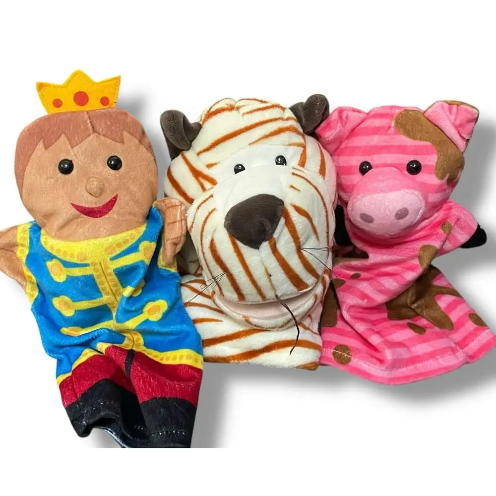 Melissa & Doug Hand Puppets Prince Cow Tiger Plush Pretend Play Drama Set Lot 3